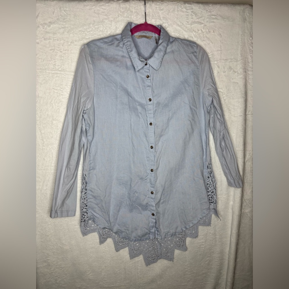 Soft Surrounding Sylvie Linen Button Down Crochet Back Top sz L